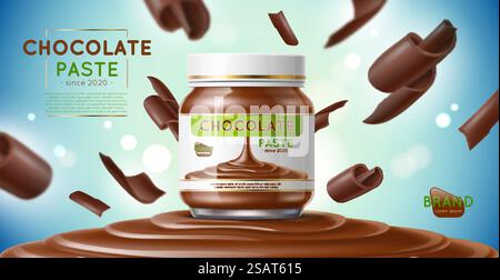 Chocolate product poster. Realistic jar with cocoa butter or paste, flying chocolate pieces, sweet dessert food, sugar dark spread, confectionery snack, utter vector advertising horizontal banner. Chocolate product poster. Realistic jar with cocoa butter or paste, flying chocolate pieces, sweet dessert food, dark spread, confectionery snack, utter vector advertising horizontal banner Stock Vector