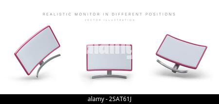 Curved realistic thin monitor in different positions. Device for better viewing of image. Wide monitor with blank screen. Modern technology. Set of isolated vector images. Curved realistic thin monitor in different positions. Device for better viewing of image Stock Vector