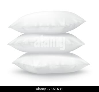 White pillows stack realistic vector illustration. Fluffy cushions for bedroom 3d models on white background. Bedding items for sleeping. White bed pillows stack realistic vector illustration Stock Vector