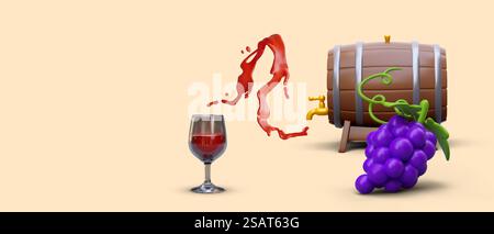3D bunch of grapes, barrel with tap, glass with red wine, liquid splash. Vector advertisement of winery, farm. Party event, alcohol festival. Wine tours. Template with place for date, logo, text. 3D bunch of grapes, barrel with tap, glass with red wine, liquid splash Stock Vector