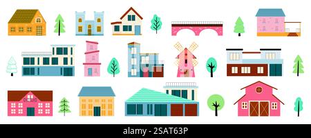 Village buildings mega set in cartoon graphic design. Bundle elements of cute suburban houses, barn, mill, bridge, trees and other architecture constructions. Vector illustration isolated objects Stock Vector