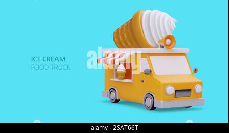 3D truck with megaphone and giant ice cream on roof. Classic summer moving sweet shop. Cooling fast food. Delivery of soft ice cream. Commercial concept on blue background. 3D truck with megaphone and giant ice cream on roof. Classic summer moving sweet shop Stock Vector