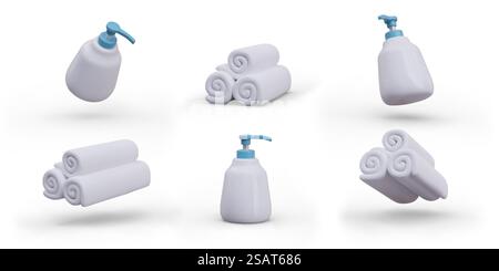 Realistic opaque pump bottle with blue dispenser, stack of rolled white towels. Hygiene kit. Accessories for hotel, spa, restaurant, home use. Isolated objects at different angles. Realistic opaque pump bottle with blue dispenser, stack of rolled white towels Stock Vector