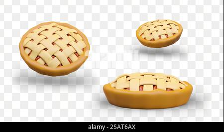 Double crust pie with lattice. Classic pastry with sweet filling. Vector object in different positions. Illustration for bakery, cooking blog, baking school. Double crust pie with lattice. Classic pastry with sweet filling. Vector object Stock Vector