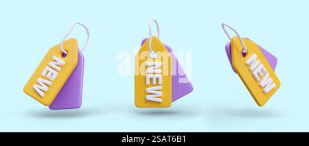 Set of tags, labels New. Vector illustrations for online store of clothes, shoes, accessories. Marking of goods from new collection. Subject in different positions. Image on blue background. Set of tags, labels New. Vector illustrations for online store of clothes, shoes, accessories Stock Vector