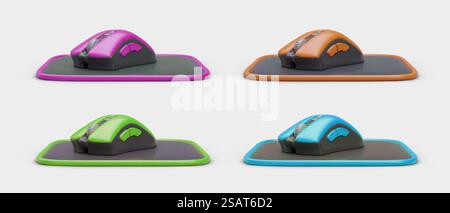 Set of 3D computer mice on mat. Image in different colors, side view. Wireless mouse with side buttons and scroll wheel. Isolated vector image for web design. Set of 3D computer mice on mat. Image in different colors, side view Stock Vector