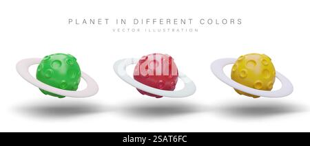 3D planet with craters and orbit. Vector illustrations of red, green, yellow colors. Alien civilization. Space exploration. Set of isolated images on white background. 3D planet with craters and orbit. Vector illustrations of red, green, yellow colors Stock Vector