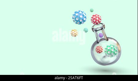 Realistic 3d test tube with bacteria. Equipment for laboratory concept. Medical research and tests concept. Med tubes with viruses. Vector illustration with place for text. Realistic 3d test tube with bacteria. Equipment for laboratory concept Stock Vector