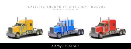 Realistic trucks without trailers. Tractor unit truck. Lorry with cabs of different colors. Detailed vector image. Cab with sleeper. Set of icons for carrier site, application. Realistic trucks without trailers. Tractor unit truck. Lorry with cabs of different colors Stock Vector