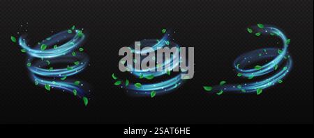 Spiral air flows with leaves and glitter realistic vector illustration set. Foliage rotating by flying dust 3d elements on transparent background. Spiral air flows with leaves and glitter vector image set Stock Vector