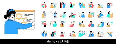 Education concept with character situations mega set in flat web design. Bundle of scenes people learning at school or university, gaining skills and knowledges, doing science. Vector illustrations. Stock Vector
