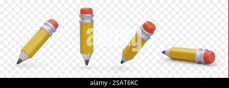 Yellow sharpened pencil with red eraser. Vector object in different positions. Tool for drawing. Set of isolated realistic images. Illustrations with shadows. Yellow sharpened pencil with red eraser. Vector object in different positions Stock Vector
