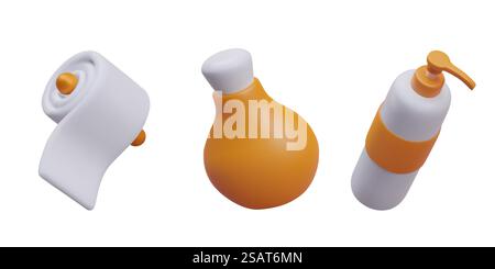 Soft white paper on holder, jar with cork, bottle with dispenser. Vector set for packaging care cosmetics. Orange and white images, mockup. Cleansing, moisturizing, nutrition. Soft white paper on holder, jar with cork, bottle with dispenser Stock Vector