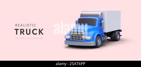 Realistic truck with blue cab. Cargo transportation services. Intercity delivery. Horizontal banner with space for advertising text. Color flyer template. Realistic truck with blue cab. Cargo transportation services. Intercity delivery Stock Vector