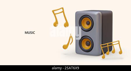 Poster for musical store. Music player and sound amplification device. 3d realistic sound amplifier in rectangular shape and different notes. Vector illustration with white background. Poster for musical store. Music player and sound amplification device Stock Vector