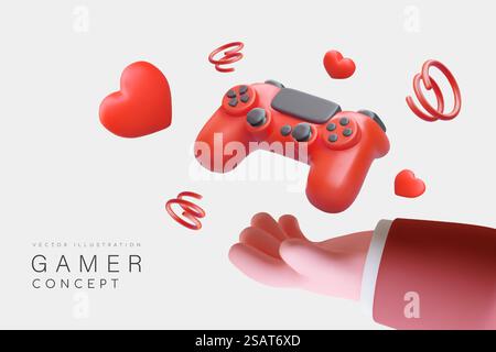 Player, gamer concept. Love for computer games. Favorite hobby. Realistic hand, gamepad, red hearts and confetti. Cute illustration in cartoon style. Vector. Player, gamer concept. Love for computer games. Favorite hobby Stock Vector