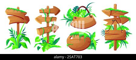 Jungle signboards mega set in cartoon graphic design. Bundle elements of different shapes of empty wooden direction pointers and guidepost with rainforest leaves. Vector illustration isolated objects Stock Vector