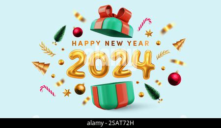 Happy New Year 2024 Poster or banner,Golden Number Realistic with Open gift boxes and christmas element for Retail,Shopping or Christmas Promotion. Vector illustration eps 10 Stock Vector