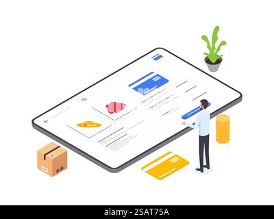Flat Isometric illustrations of a man using a computer to select payment methods on various e commerce platforms. Modern and user friendly interface. Stock Vector