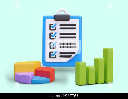 3D clipboard with checkbox, bar and pie chart. Concept of control of completed tasks, compliance with plan, accounting and analysis. Vector illustration in cartoon style. 3D clipboard with checkbox, bar and pie chart. Concept of control of completed tasks Stock Vector