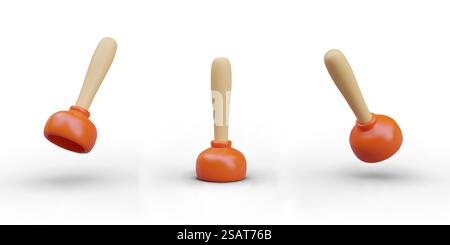 Set of red sink plungers. View from front, top, bottom. Plunger cup with wooden handle. Tool for cleaning clogged water pipes. Isolated image on white background. Set of red sink plungers. View from front, top, bottom Stock Vector