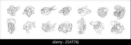 Tropical sea fishes and creatures line vector illustrations big icons set. Pack of linear underwater habitats on white background. Childish cartoon design. Tropical sea fishes and creatures line vector illustrations Stock Vector
