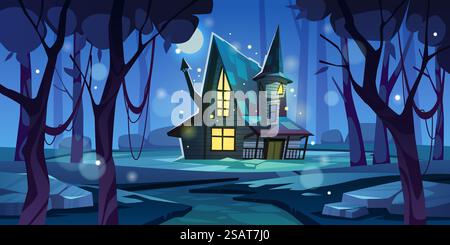 Dark forest house. Mysterious night home in wood, gaming location, spooky witch habitation, halloween nature landscape, horizontal illustration mystery moonlight, horror background tidy vector concept. Dark forest house. Mysterious night home in wood, gaming location, spooky witch habitation, halloween nature landscape, horizontal illustration mystery moonlight, horror tidy vector concept Stock Vector
