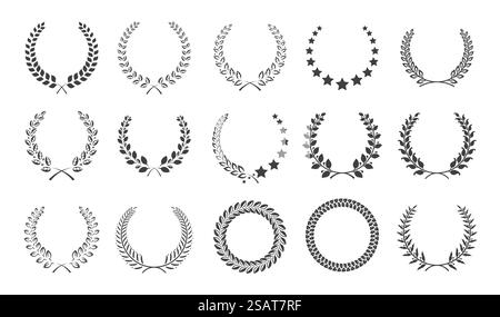 Laurel champion wreaths flat illustration set. Winner trophy garland element black and white icons on white background. Classic award emblems. Classic laurel champion wreaths flat illustration set Stock Vector