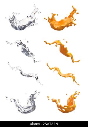 Large set of realistic splashes. Transparent water and orange juice splatters. Ready made set for liquid advertising. Cool tasty drink. Natural eco concept. Large set of realistic splashes. Transparent water and orange juice splatters Stock Vector