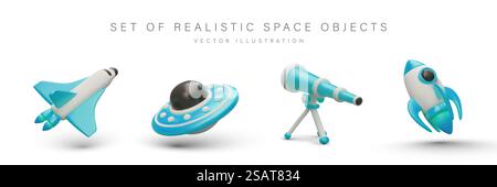 Set of realistic space objects. Blue shuttle, flying saucer, telescope on tripod, rocket. Color space vehicles. Isolated images in cartoon style for web design. Set of realistic space objects. Blue shuttle, flying saucer, telescope on tripod, rocket Stock Vector