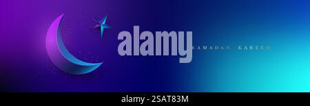 Ramadan Kareem festive horizontal banner. Crescent and star reflect neon purple and blue light. Stock Vector