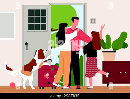 Return in home. Father came home from work, happy family meets dad on house doorstep, people greet and hug, dog owner, long awaited joyful meeting, nowaday vector cartoon flat style isolated concept. Return in home. Father came home from work, happy family meets dad on house doorstep, people greet and hug, dog owner, long awaited joyful meeting, nowaday vector cartoon flat concept Stock Vector