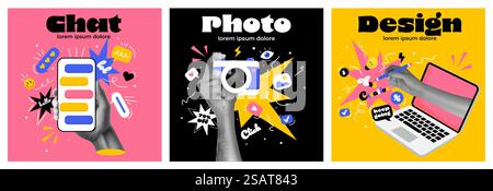 Business process. Contemporary art collage made of shots of hands working hardly isolated over colored background, Concept of art, finance, career, co-workers, team. Vector illustration Stock Vector