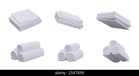 Collection of white clean towels in different positions. Cleaning, body care concept. Stuff for bathroom. Rolls towels. Vector illustration in 3d style. Collection of white clean towels in different positions Stock Vector