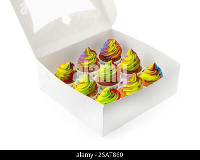 Tasty cupcakes with colorful cream in box isolated on white Stock Photo