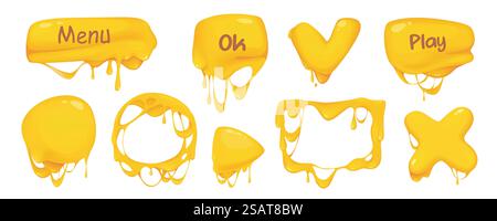 Melted cheese buttons mega set in cartoon graphic design. Bundle elements of yellow interface kit with menu, ok, play, cross, square or round frames, other shapes. Vector illustration isolated objects Stock Vector