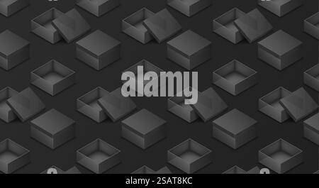 Packaging boxes isometric illustration pattern on black background. Containers for products realistic 3d models design elements. Promo items. Packaging boxes isometric illustration pattern on black Stock Vector