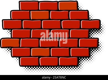 Cartoon red brick wall fragment in pop art style. Vector on transparent background Stock Vector