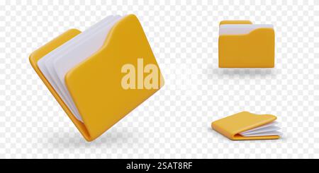 3D yellow folder with documents. Plastic file with sheets, portfolio. Office supplies. Set of color illustrations. View from front, side, at angle. Empty unmarked cover. 3D yellow folder with documents. Plastic file with sheets, portfolio Stock Vector