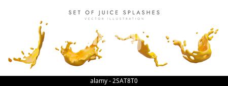 Set of realistic juice splashes. Orange juice in air, drops and stream. Juicy drink. Vector color illustration for web advertising. Natural ingredient. Set of realistic juice splashes. Orange juice in air, drops and stream Stock Vector