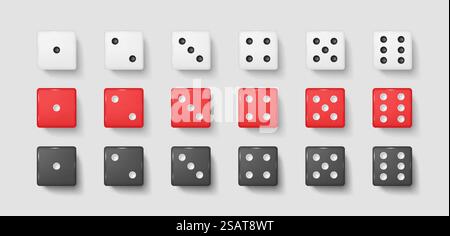 Gambling dices with dot numbers realistic vector illustration set. White red and black gaming cubes 3d models on white background. Risky playing. Gambling dices with dots realistic vector illustration set Stock Vector