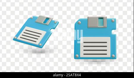Realistic 3d diskette for computer. Detail for saving different information. Floppy disk concept. Electronic and technology. Vector illustration in blue and gray colors. Realistic 3d diskette for computer. Detail for saving different information. Floppy disk concept Stock Vector