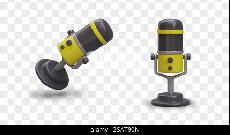 Realistic 3d microphone in different positions. Audio recording device. Podcast or karaoke microphone. Device for radio station broadcasting studio. Vector illustration. Realistic 3d microphone in different positions. Audio recording device Stock Vector