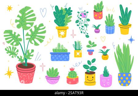 Home plants. Different breeds houseplants, color pots, floriculture and gardening, cozy indoor hobby, doodle style palms and ficuses, monstera and succulents vector cartoon flat style isolated set. Home plants. Different breeds houseplants, color pots, floriculture and gardening, cozy indoor hobby, doodle style palms and ficuses, monstera and succulents vector set Stock Vector
