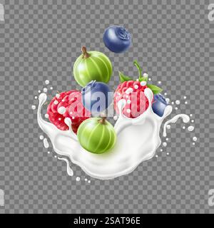 Realistic berry splash. Milk or yogurt splashes, cream with fresh blueberries, raspberries and gooseberries, 3d flying foods, 3d isolated on transparent background composition, utter vector concept. Realistic berry splash. Milk or yogurt splashes, cream with fresh blueberries, raspberries and gooseberries, 3d flying foods, 3d isolated on transparent background utter vector concept Stock Vector