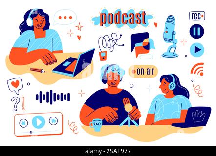 Podcast recording icons and people. Radio program participants in studio, audio show making, persons with headphone and microphone, online entertainment vector modern cartoon flat style isolated set. Podcast recording icons and people. Radio program participants in studio, audio show making, persons with headphone and microphone, online entertainment vector cartoon flat isolated set Stock Vector