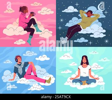 People in cumulus clouds. Happy young men and women in dreams, think about positive things, romantic inspirations, meditation and listen music, sleeping and drink tea, tidy vector cartoon flat set. People in cumulus clouds. Happy young men and women in dreams, think about positive things, romantic inspirations, meditation and listen music, sleeping and drink tea, tidy vector set Stock Vector