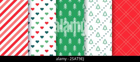 Seamless patterns. Christmas festive textures. Xmas backgrounds with stripes, trees, hearts and plaid Stock Vector