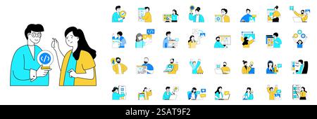 Design development concept with character situations mega set in flat web design. Bundle of scenes people programming software and creating layouts, making digital content. Vector illustrations. Stock Vector