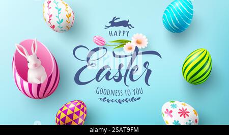Easter poster and banner template with a white rabbit inside a easter egg on light green background.Greetings and presents for Easter Day in flat lay styling.Promotion and shopping template for Easter Stock Vector